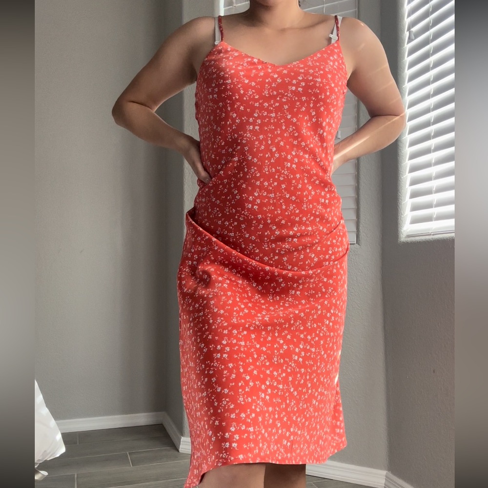 Stunning Satin Dress Red with blue Flowers
